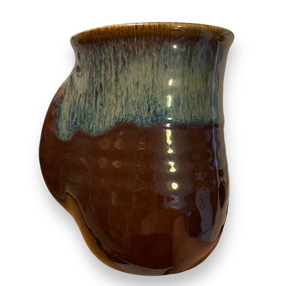 Hand Thrown Clay Blue Tan Brown Glazed Hand Warmer Tea Cup Coffee Mug Fall - Picture 3 of 15